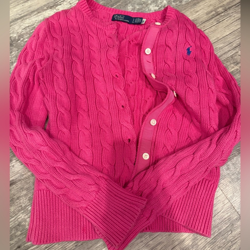 Ralph Lauren Pink Cable Knit Cardigan with Embroidered Pony